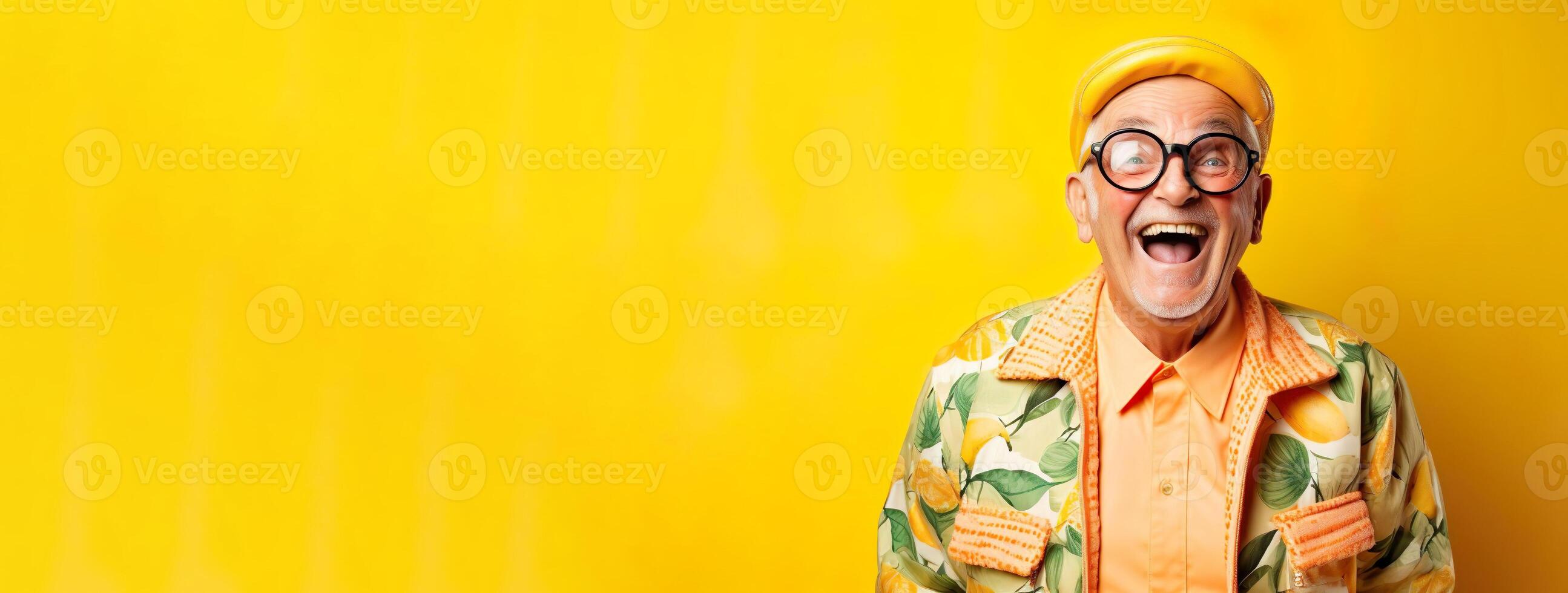 AI generated Happy laughing old senior man. Joyful elderly person in bright clothes, yellow ad banner background photo