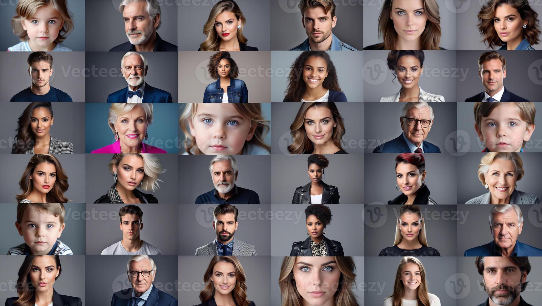 ai generado muchos personas retratos colocar. diferente hombres y mujer, niños caras, cabeza tiros, avatares cuadrícula foto