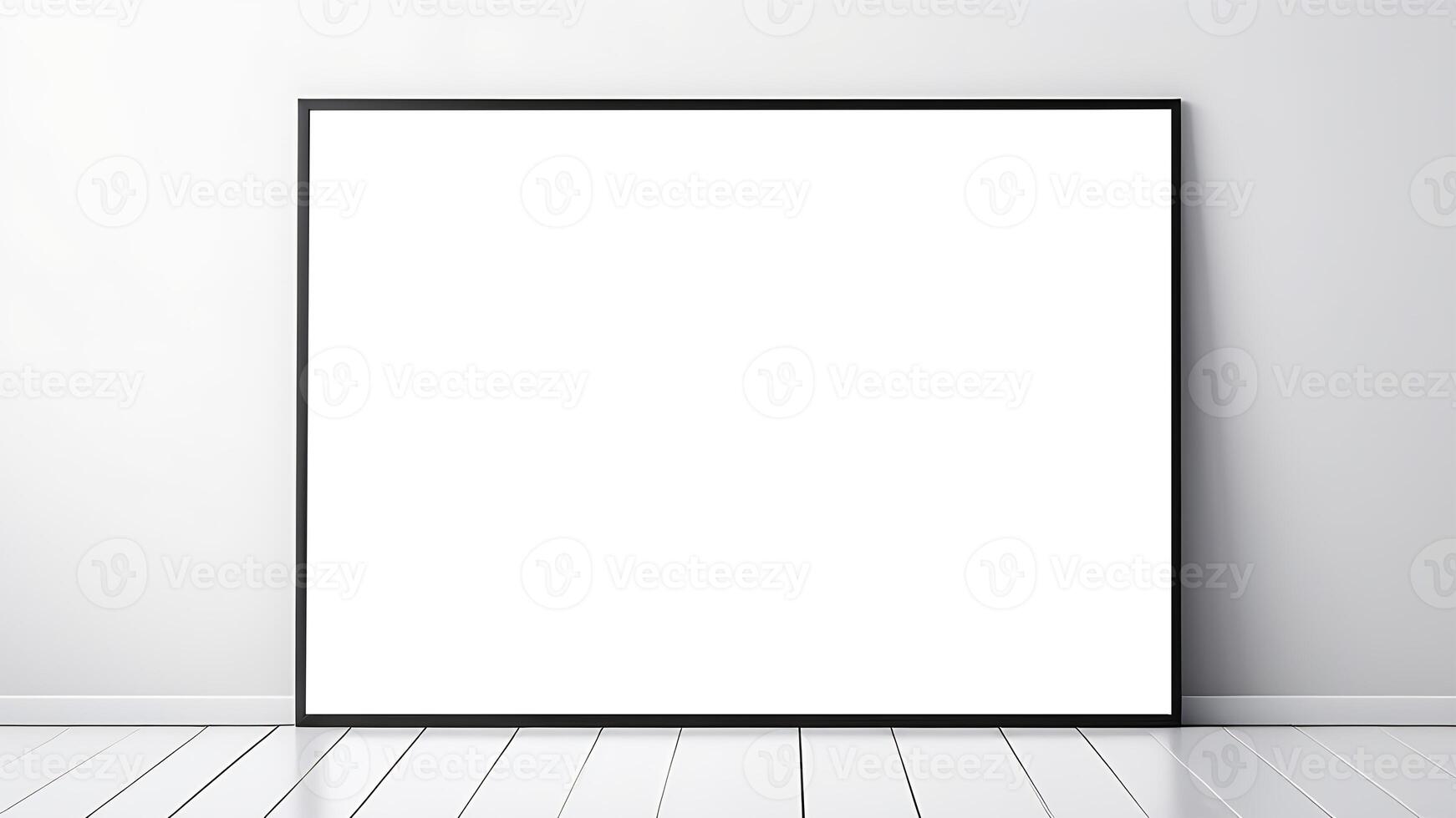 AI generated Picture, artwork mockup, framed home art mock up. Empty blank white image standing on floor photo