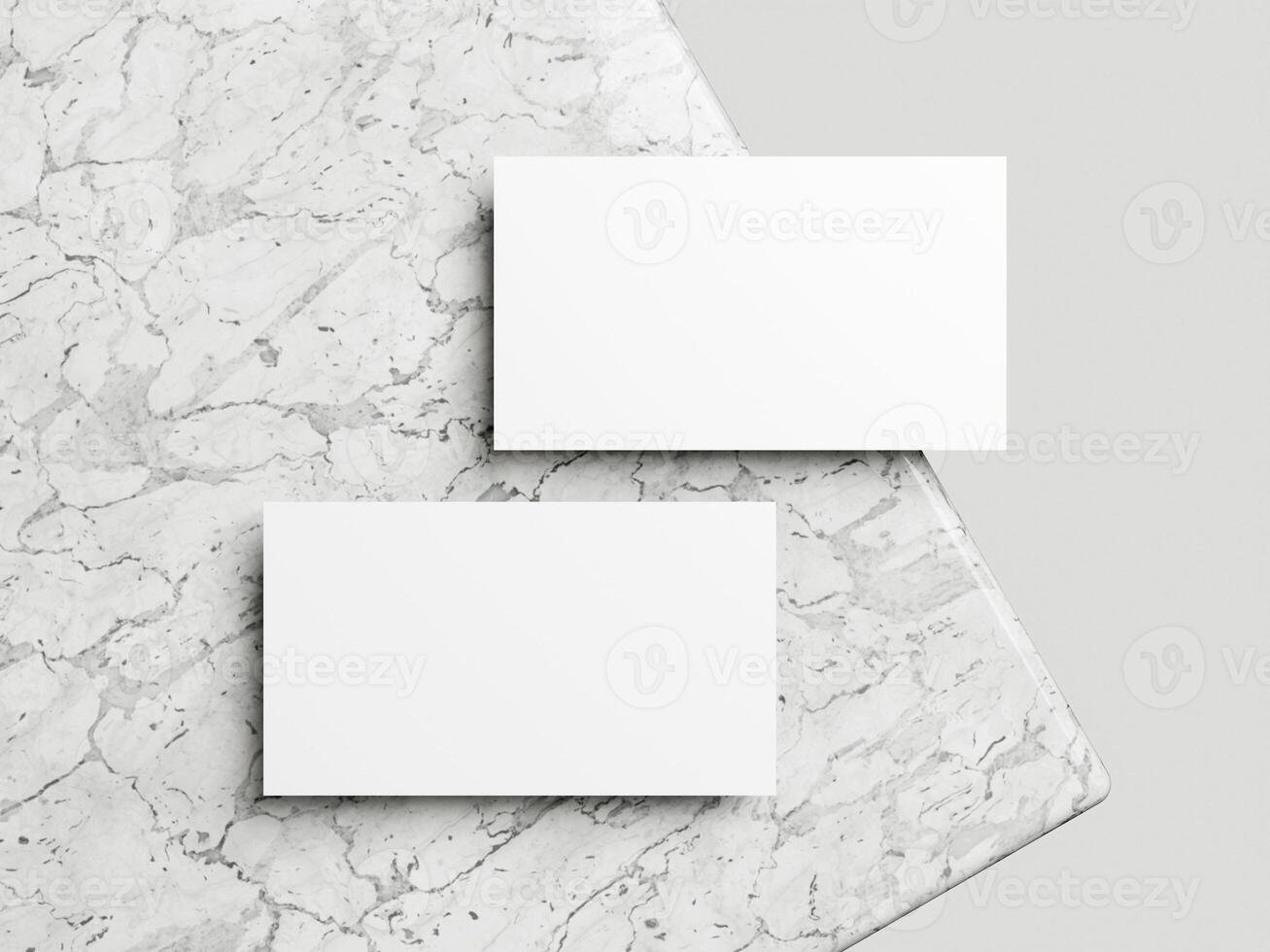 Blank white business card mockup on marble background 3d render illustration for mock up and design presentation. photo