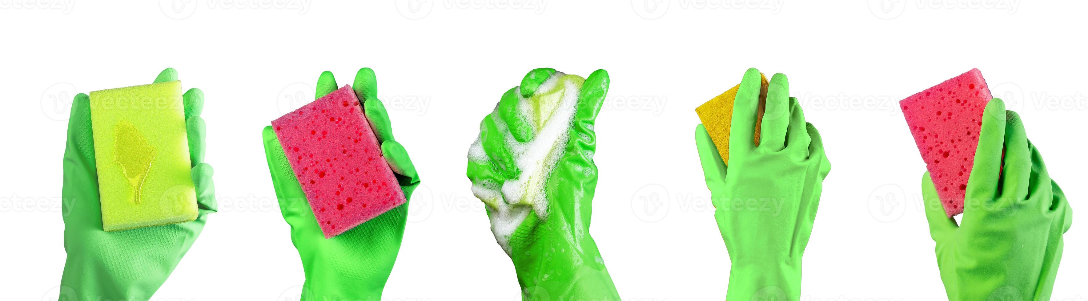 Hand in green rubber glove with washing cleaning sponge, set isolated on white background photo