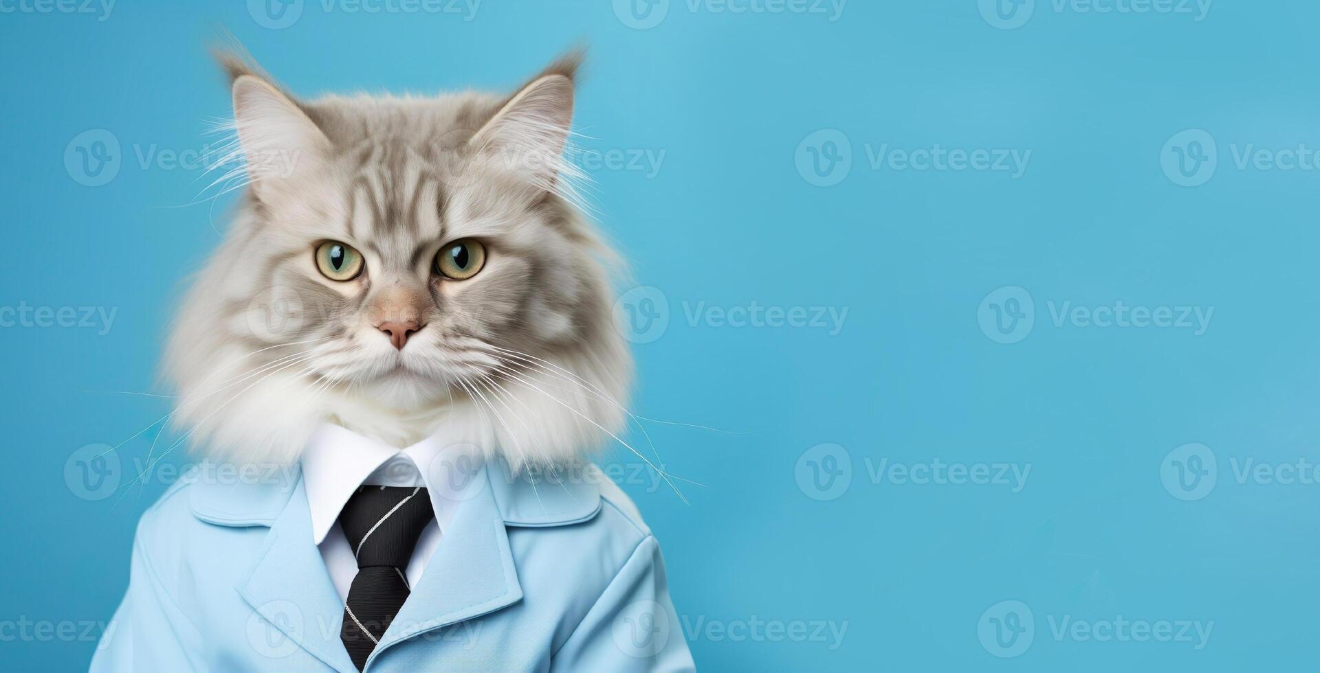 AI generated Cute funny cat doctor. Anthropomorphic feline physician, GP, medical specialist, copy space photo