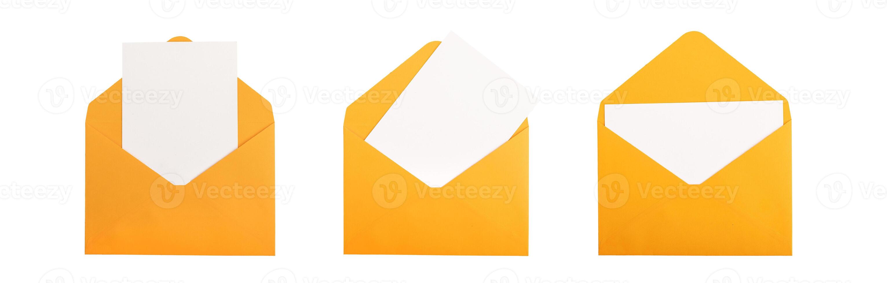 Blank greeting card mockup, postcard mock up in open paper envelope, set isolated on white photo