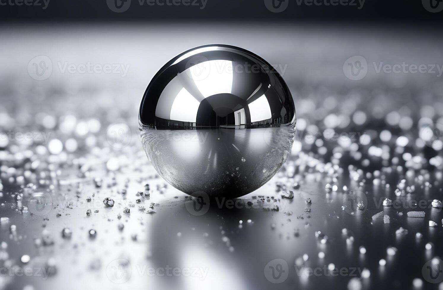 ai generado un brillante plata pelota se sienta en un superficie con un lote de pequeño, brillante foto