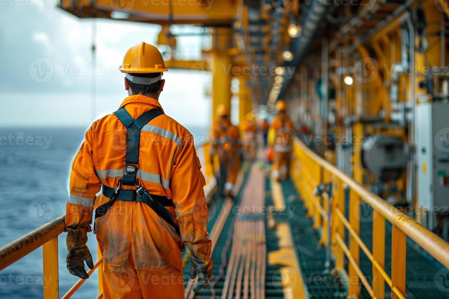 AI generated group of oil rig workers dressed in protective gear, collaboratively troubleshooting a piece of machinery on the deck of an offshore oil rig photo
