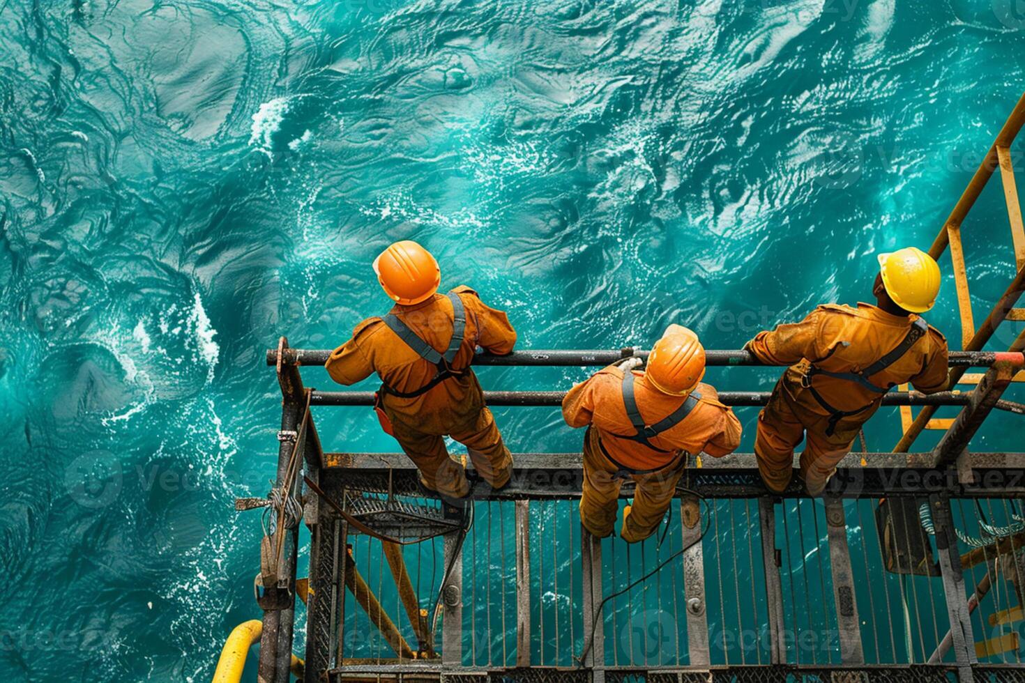 ai generado grupo de petróleo plataforma trabajadores vestido en protector engranaje, colaborativamente solución de problemas un pedazo de maquinaria en el cubierta de un costa afuera petróleo plataforma foto