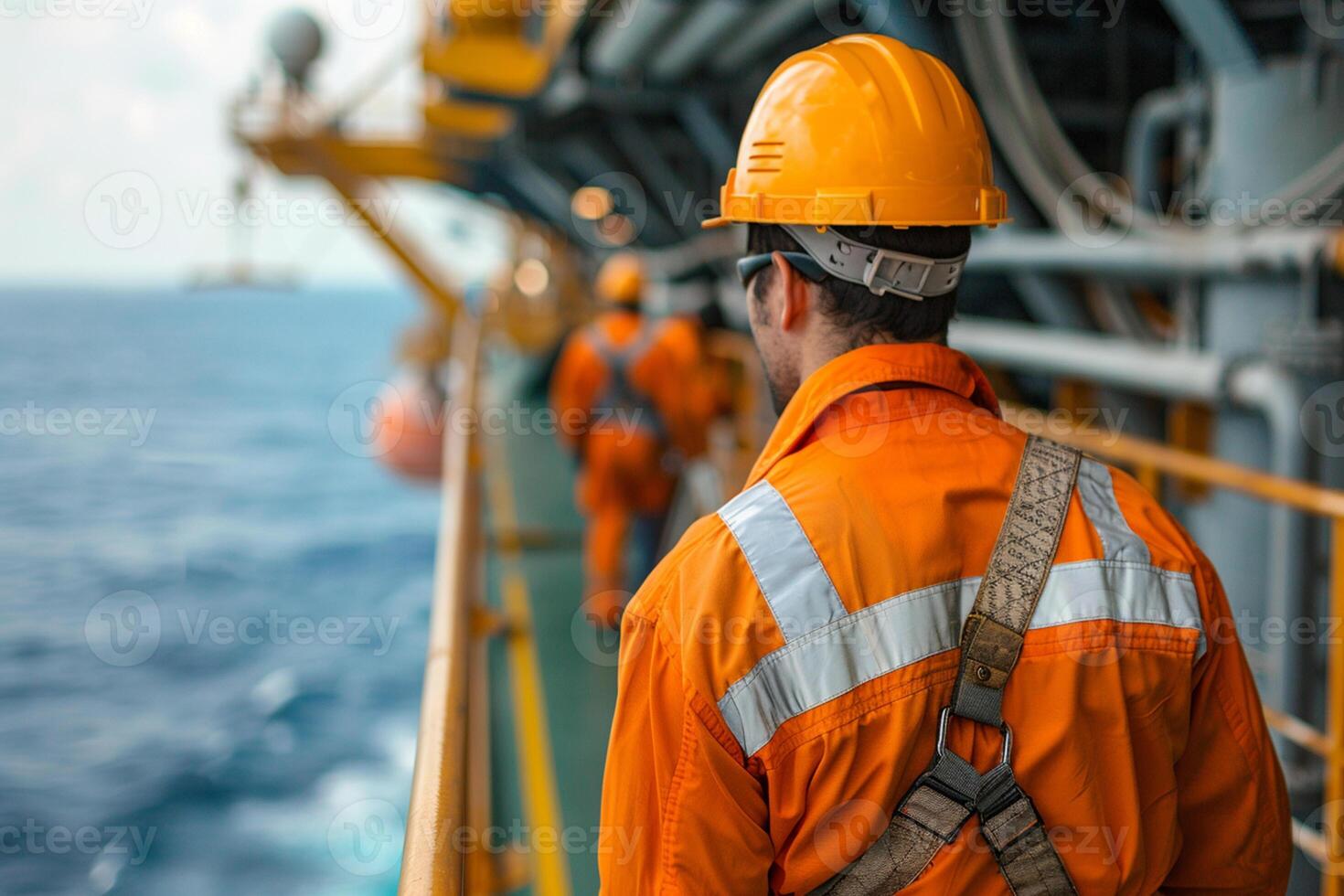 AI generated group of oil rig workers dressed in protective gear, collaboratively troubleshooting a piece of machinery on the deck of an offshore oil rig photo