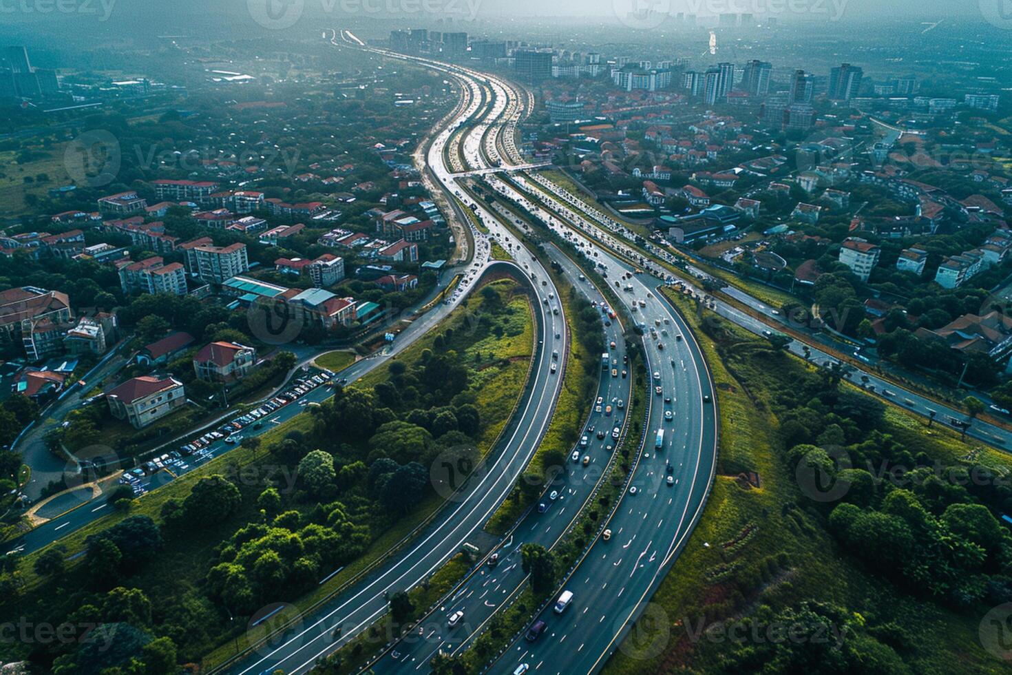 ai generado aéreo ver de un ciudad con carreteras unión foto