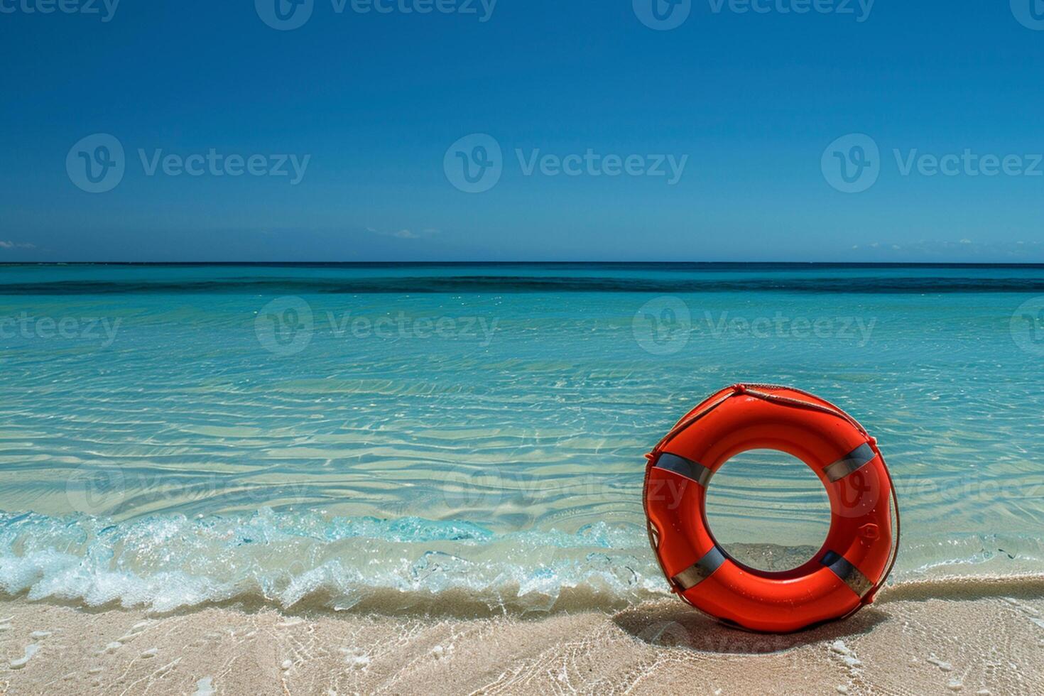 AI generated Lifebuoy on the beach during sunset. Lifebelt in the sea photo