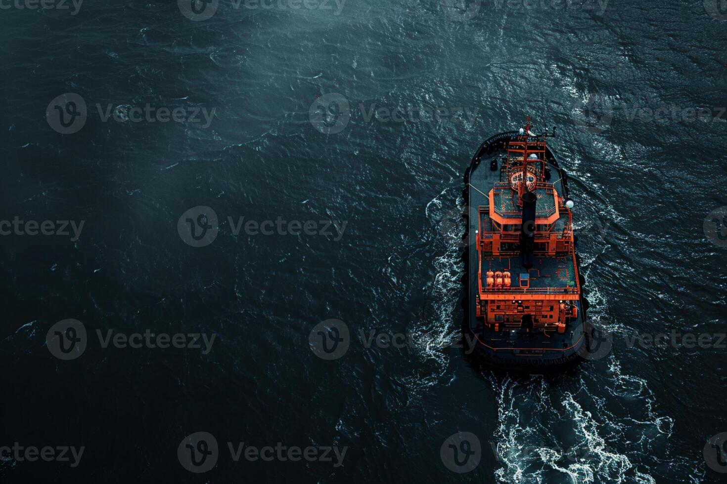 AI generated aerial view of a tug boat cruising the pier photo