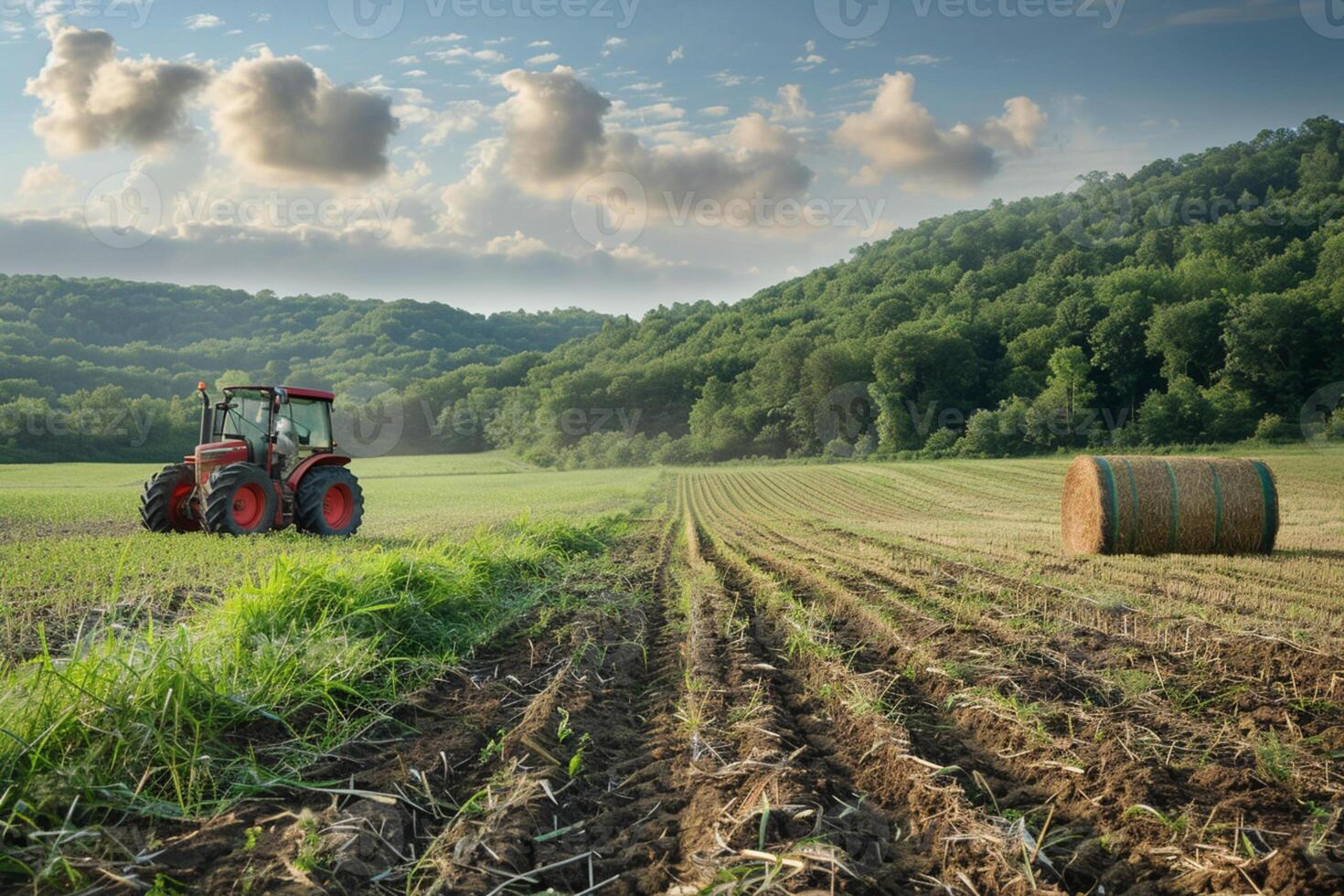 AI generated Agricultural background. Tractor on  a field photo