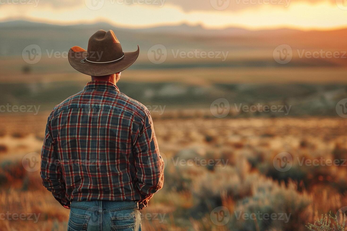 AI generated Farmer is standing backwards on his farm photo