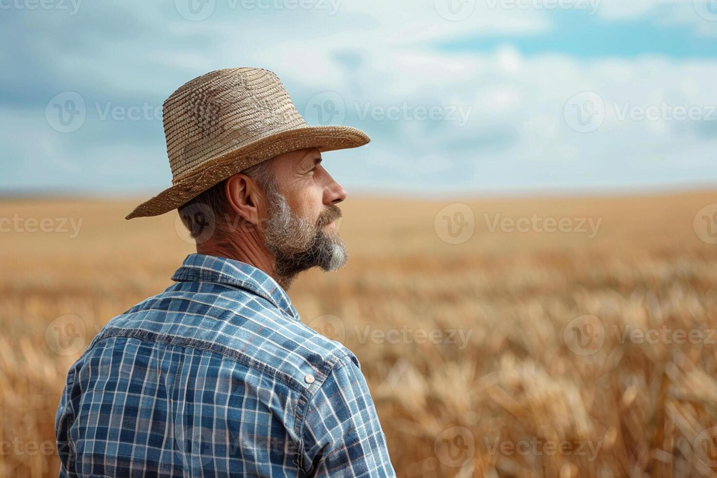 AI generated Farmer is standing backwards on his farm photo