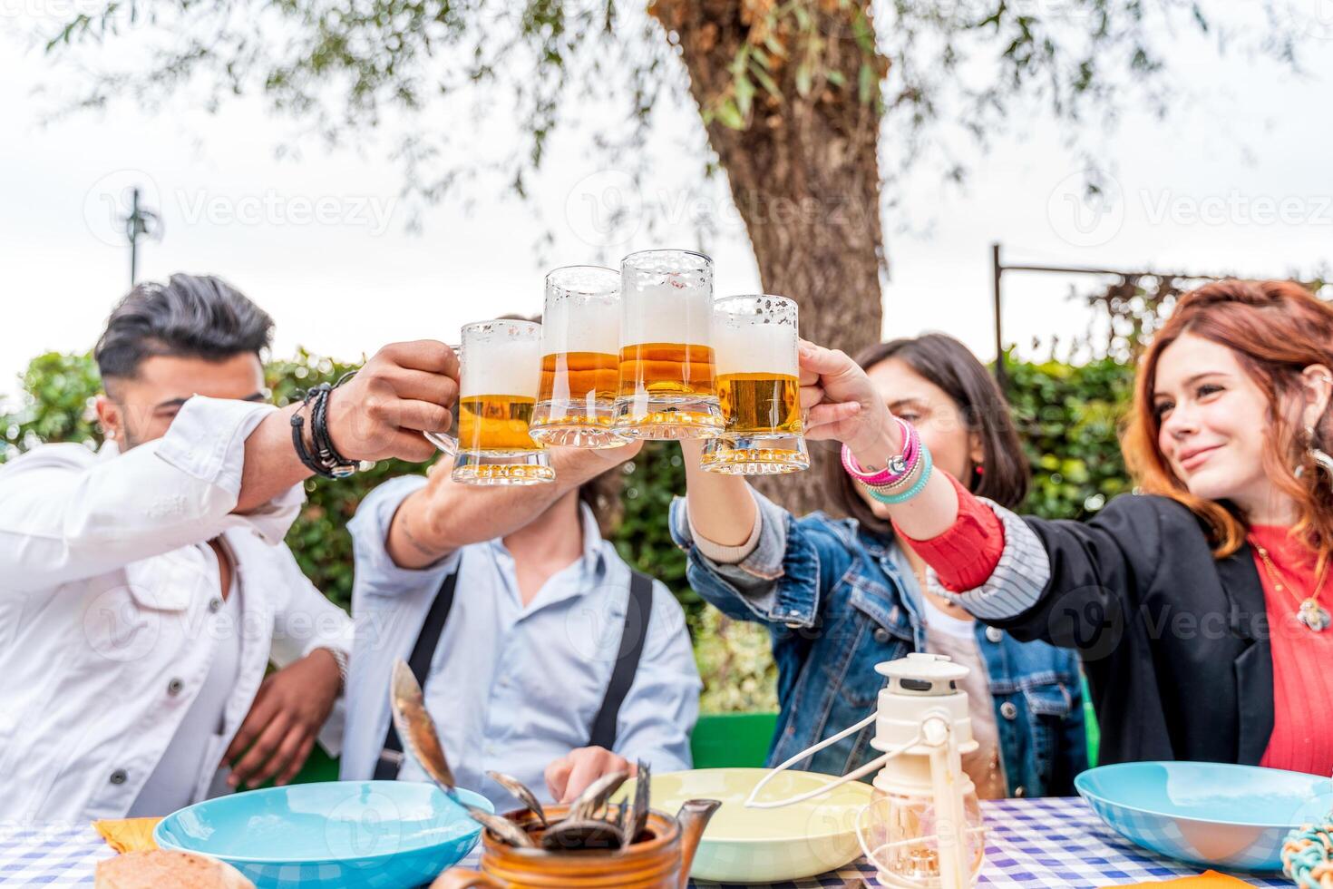 group of friends having fun at garden home party - Young people smiling together drinking beer photo