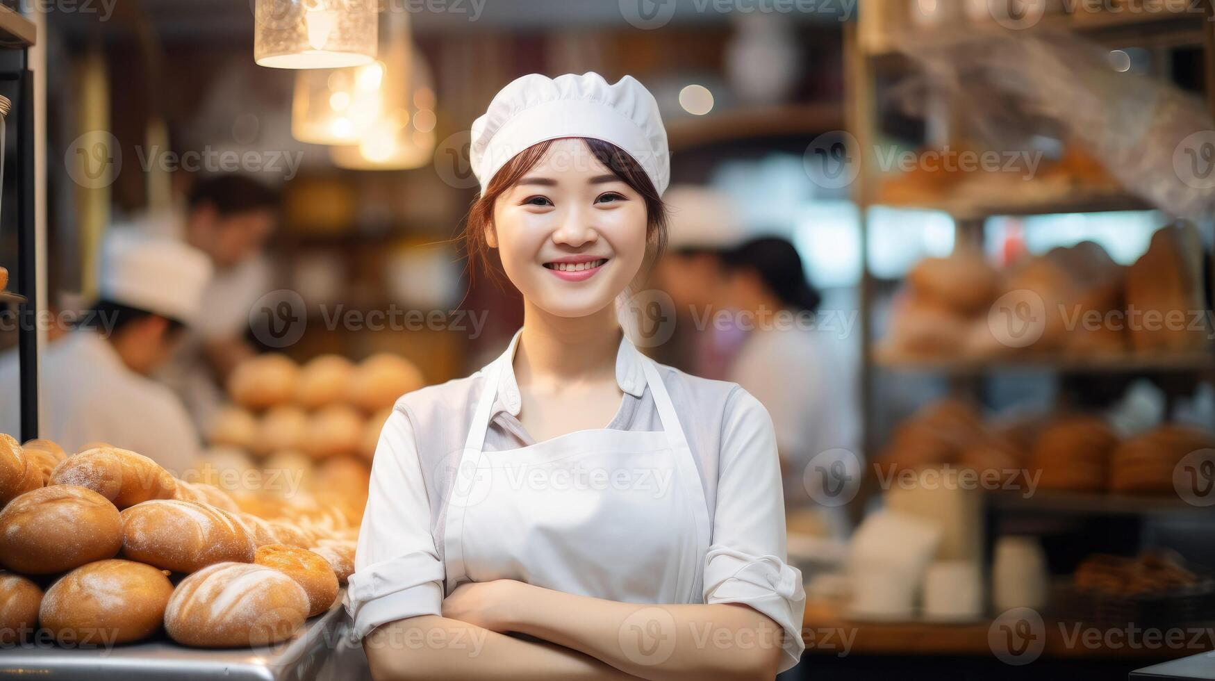 AI generated Smiling asian female bakers looking at the camera, Chefs baker in a chef dress and hat, photo