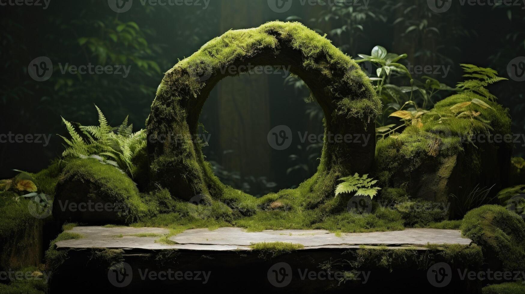 AI generated Mossy podium in the tropical forest for product presentation and wall moss background, photo