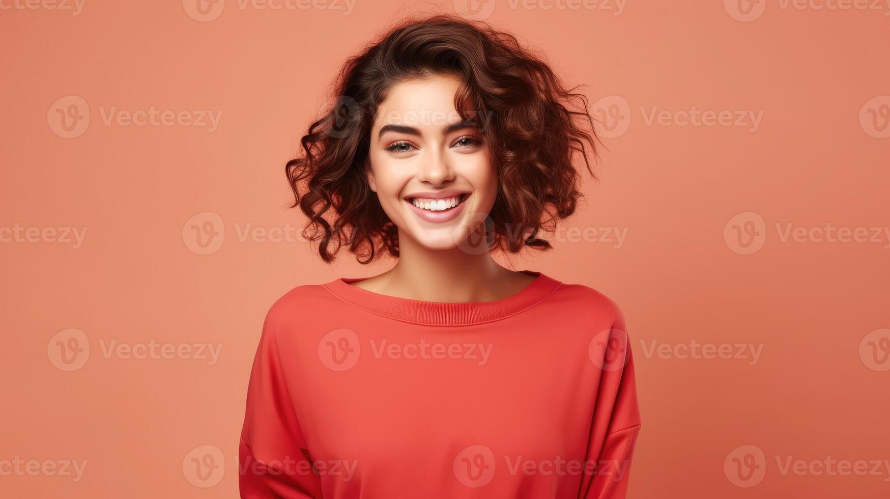 AI generated Close up photo of pretty cheerful lady stylish red clothes arm direct space beauty procedure isolated on pastel peach color background