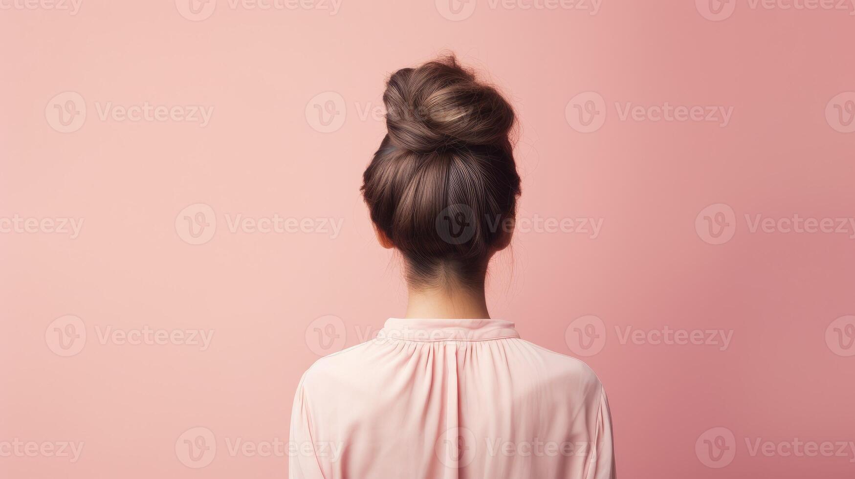 AI generated A view of the back of a woman's head. Hair wrapped in a bun on a light pink pastel background, photo