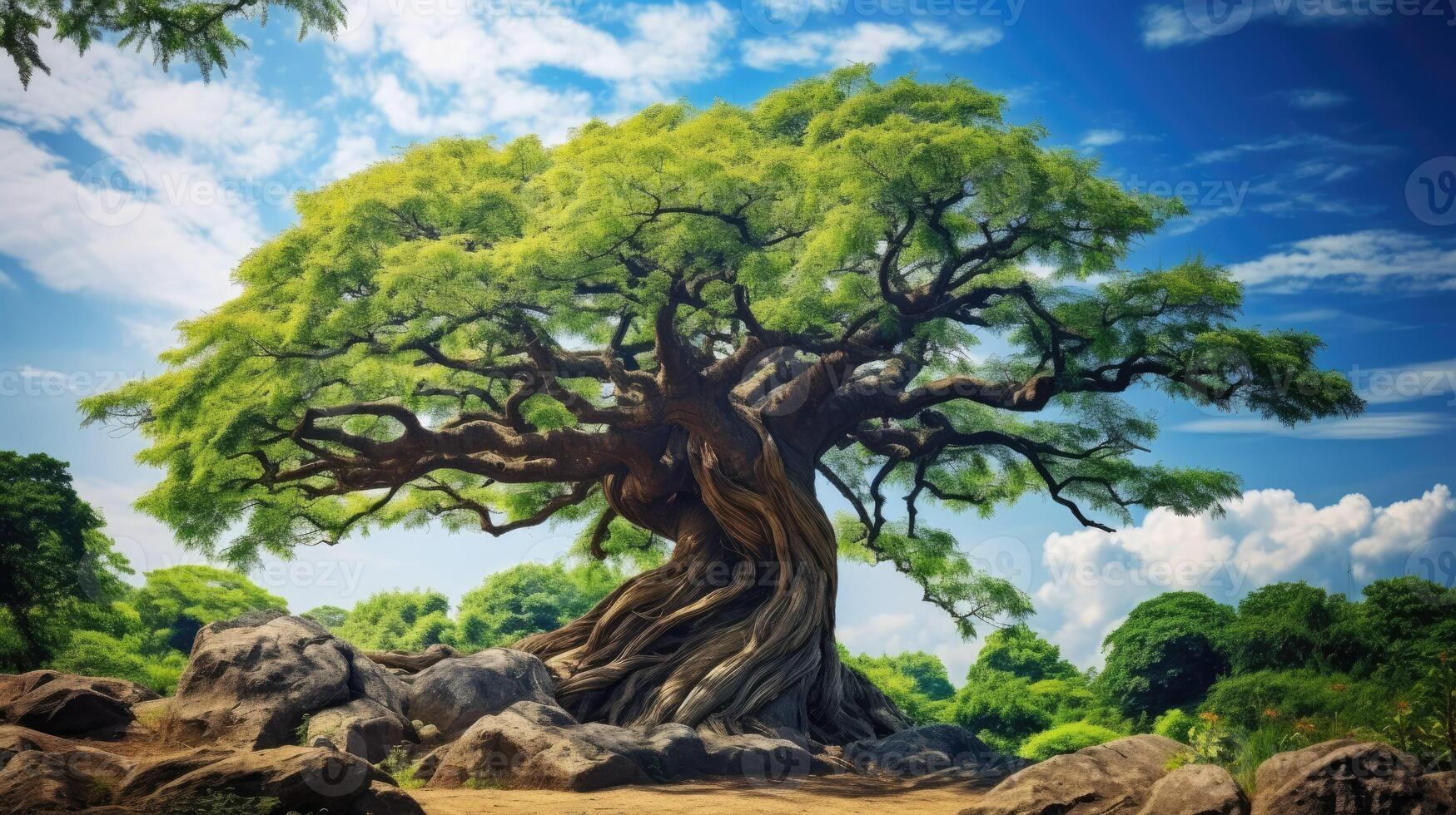 ai generado grande árbol con azul cielo antecedentes. naturaleza y paisaje concepto, foto