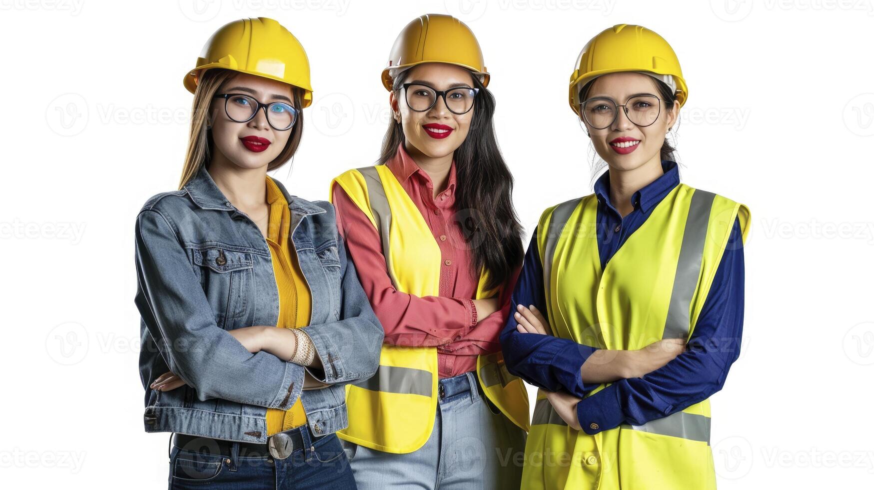 AI generated three beautiful engineers women  standing, smiling proudly, looking in camera, isolated on white background, photo