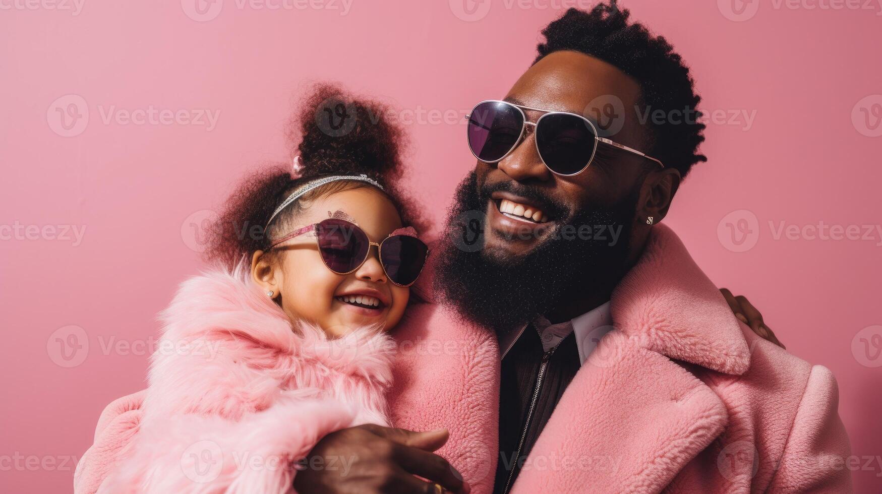 AI generated a dancing black bearded middle-aged man with his daughter in a pink coat and black sunglasses on a pastel peach background, photo