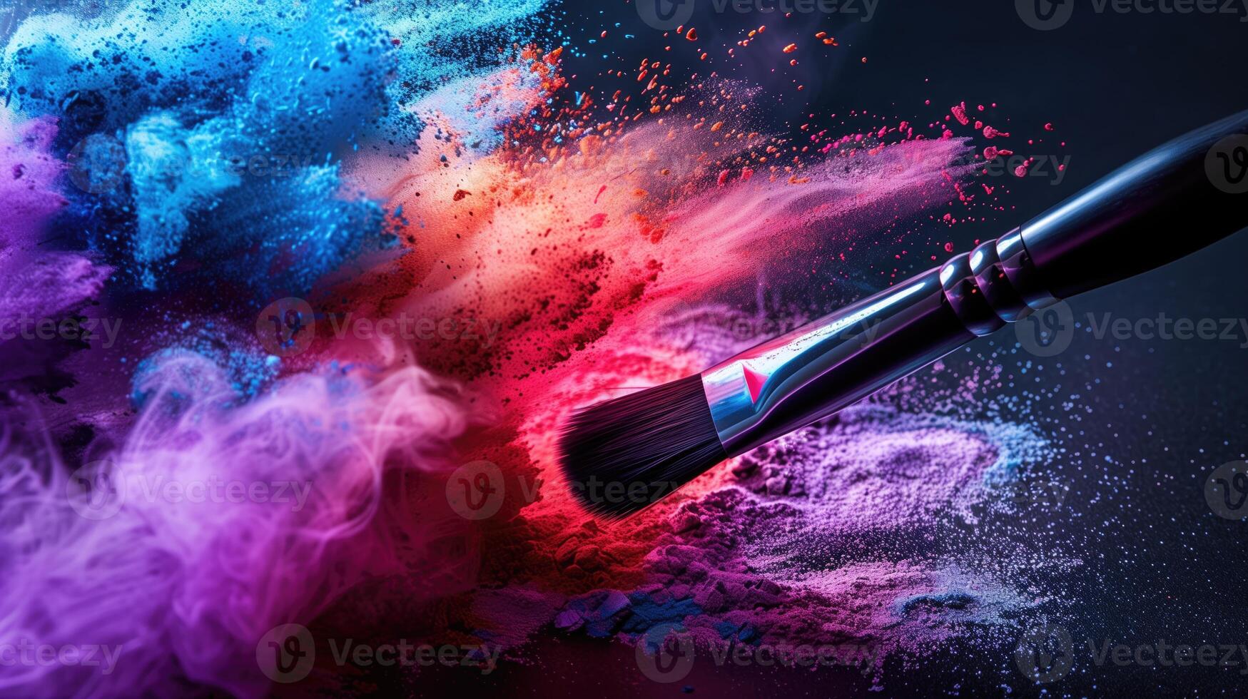 AI generated Paintbrush with colorful powder explosion on black background. Art concept photo