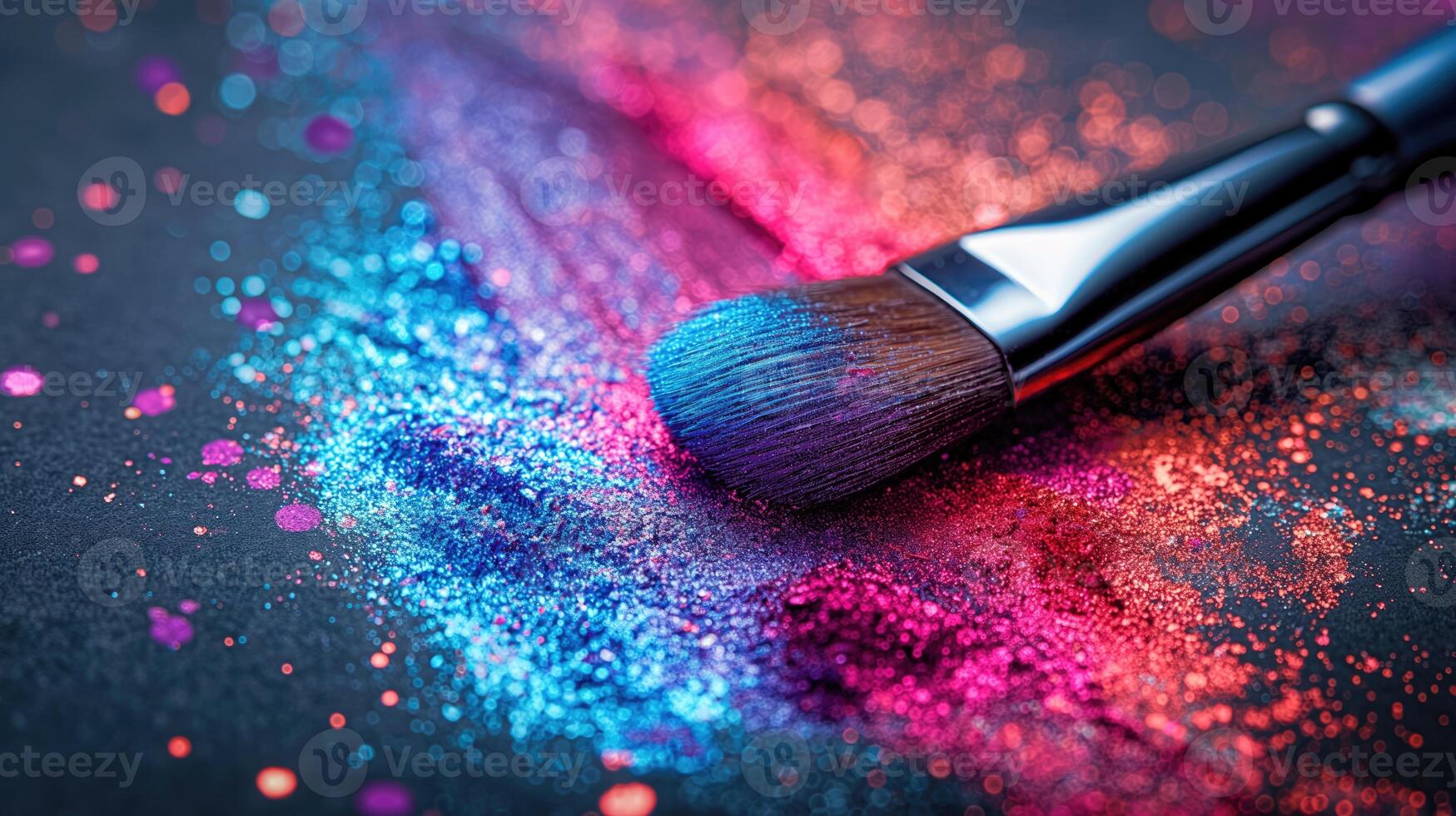 AI generated Makeup brushes and colorful glitter on black background. Cosmetic concept. photo