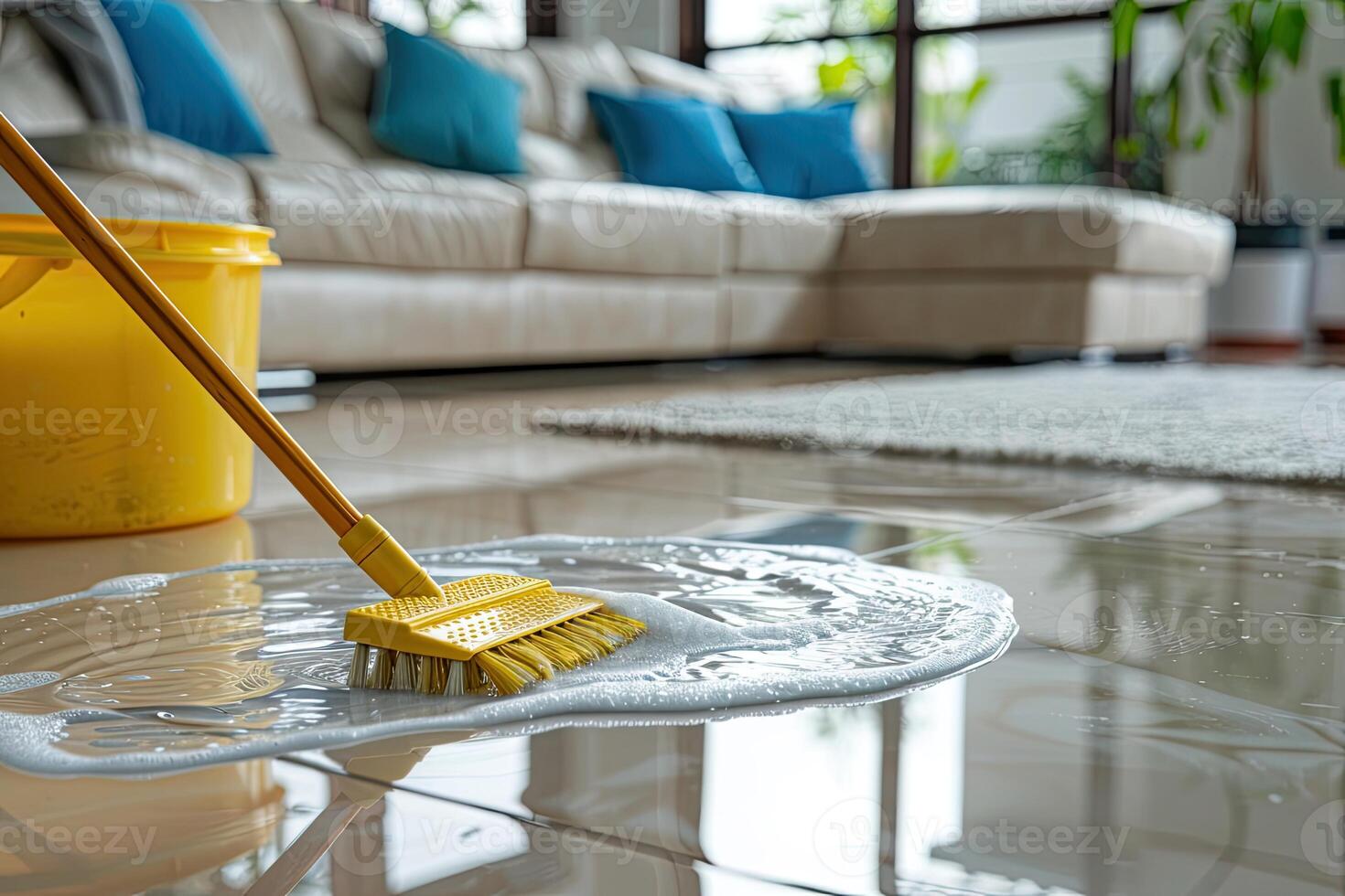 AI generated cleaning the floor with a brush in the living room of the house photo