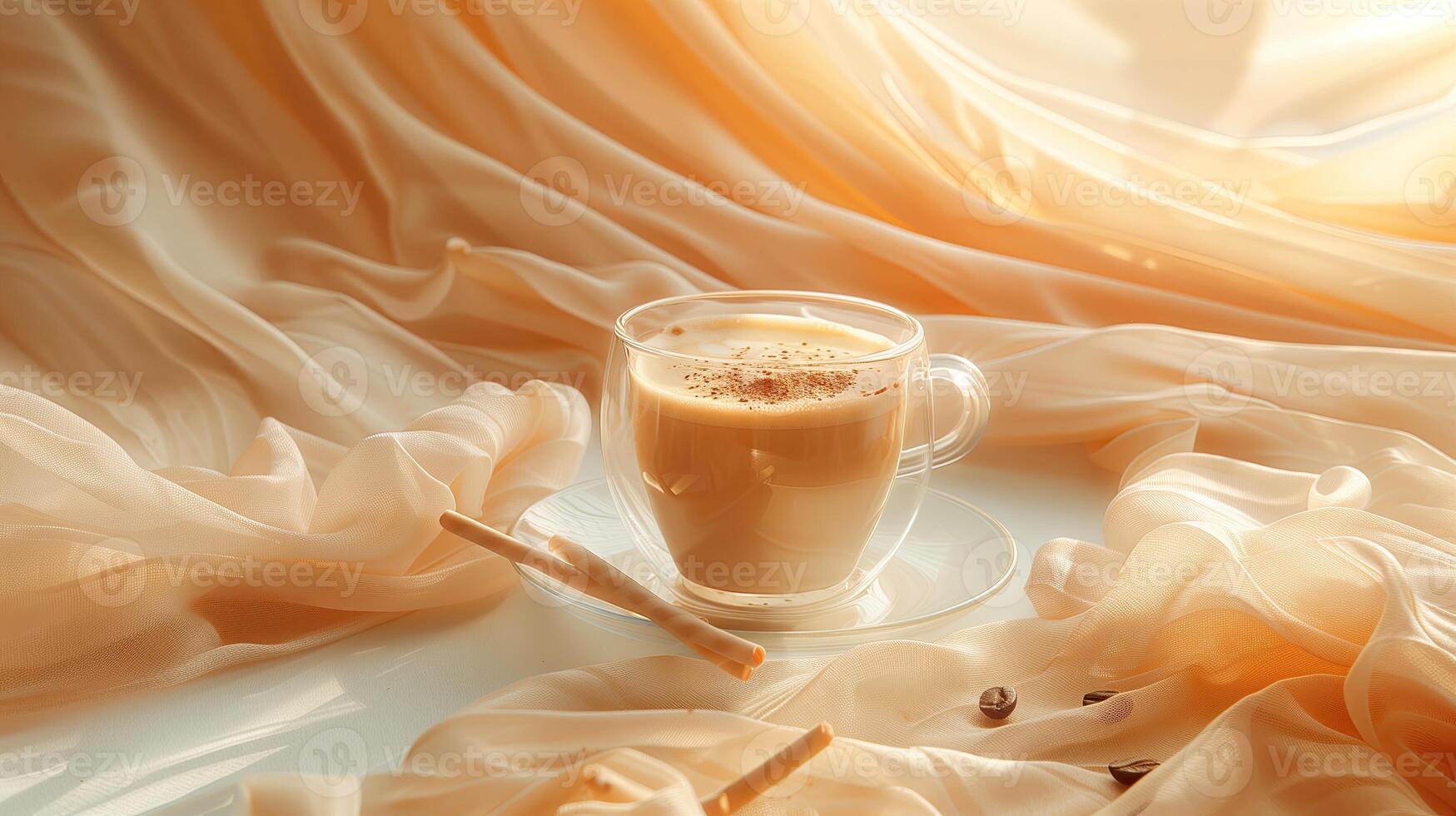 AI generated Cappuccino with cinnamon sticks on a white background in the rays of the setting sun photo