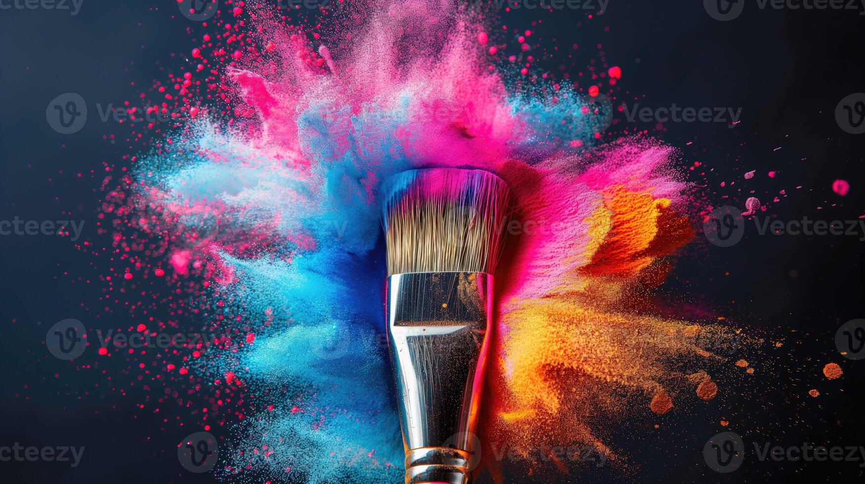 AI generated Makeup brushes with colorful powder explosion on black background, closeup photo