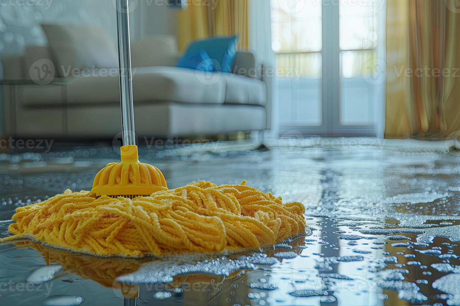 AI generated Mop cleaning the floor with yellow woolen cloth in the living room photo