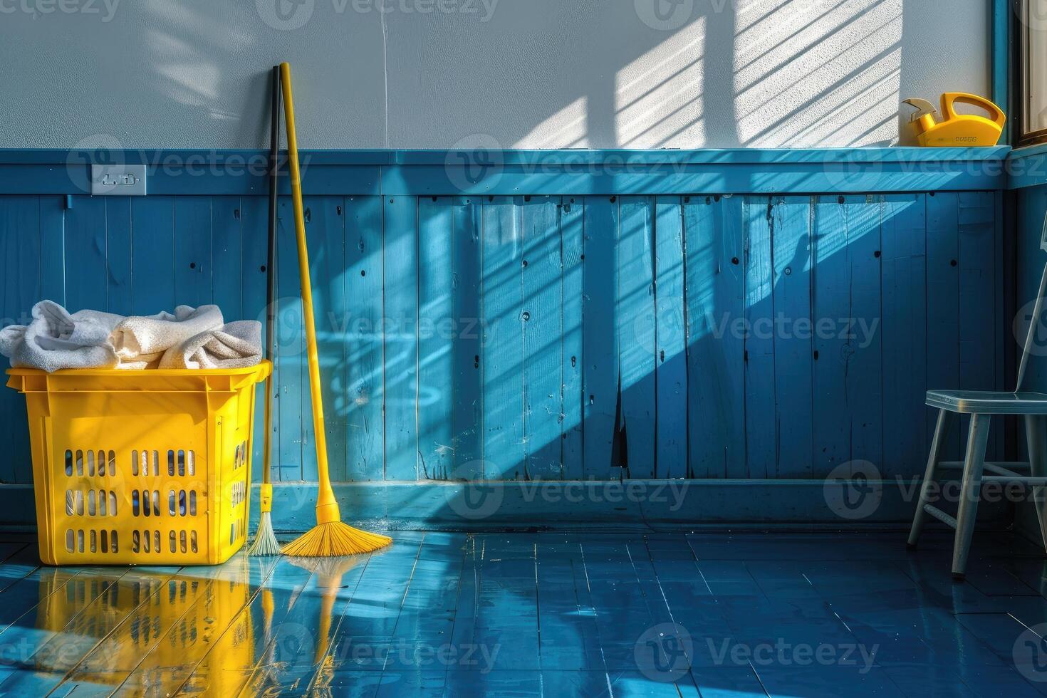 AI generated Basket with dirty clothes and mop on the floor photo