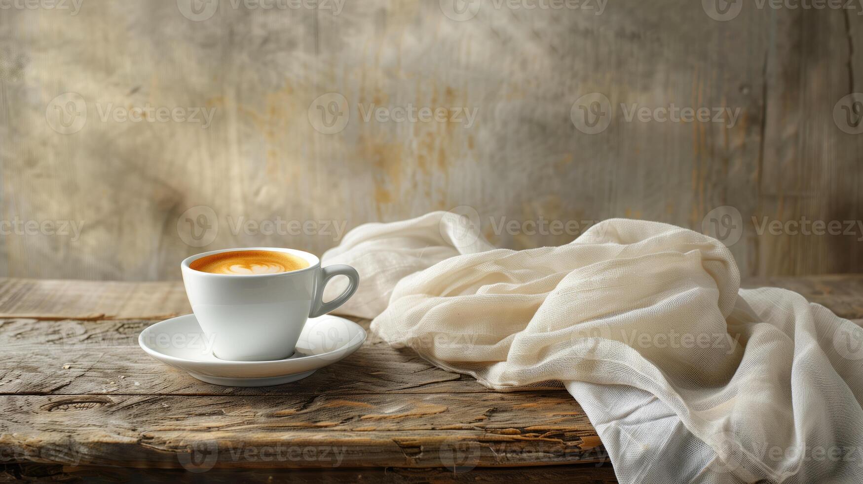 AI generated Coffee cup on the wooden table with white linen napkin photo