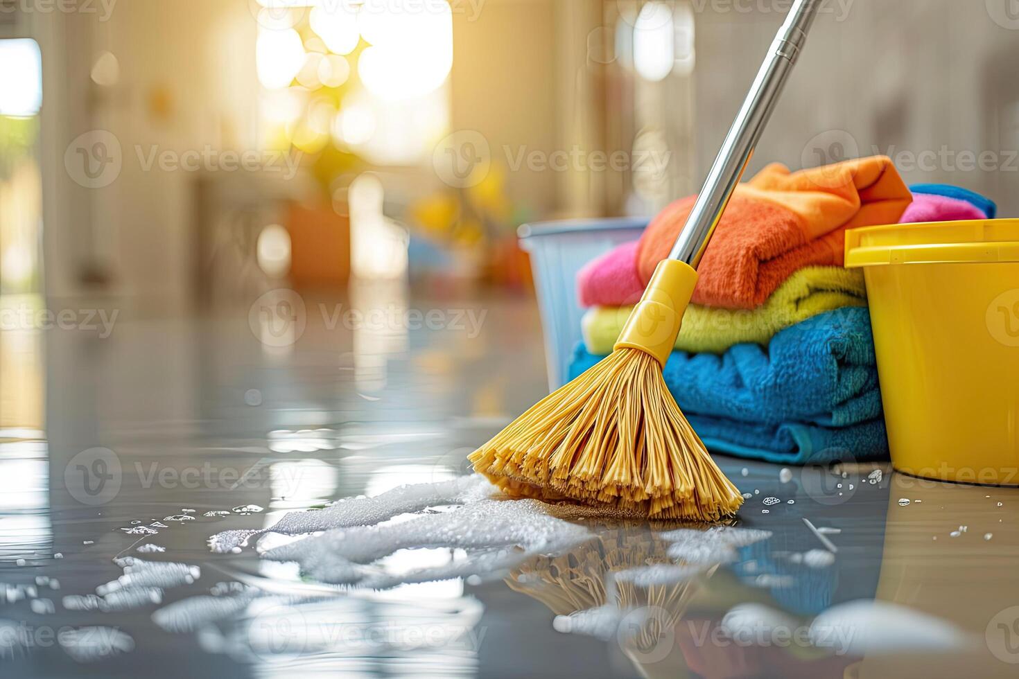 AI generated Cleaning the floor with a broom and bucket of cleaning products. photo