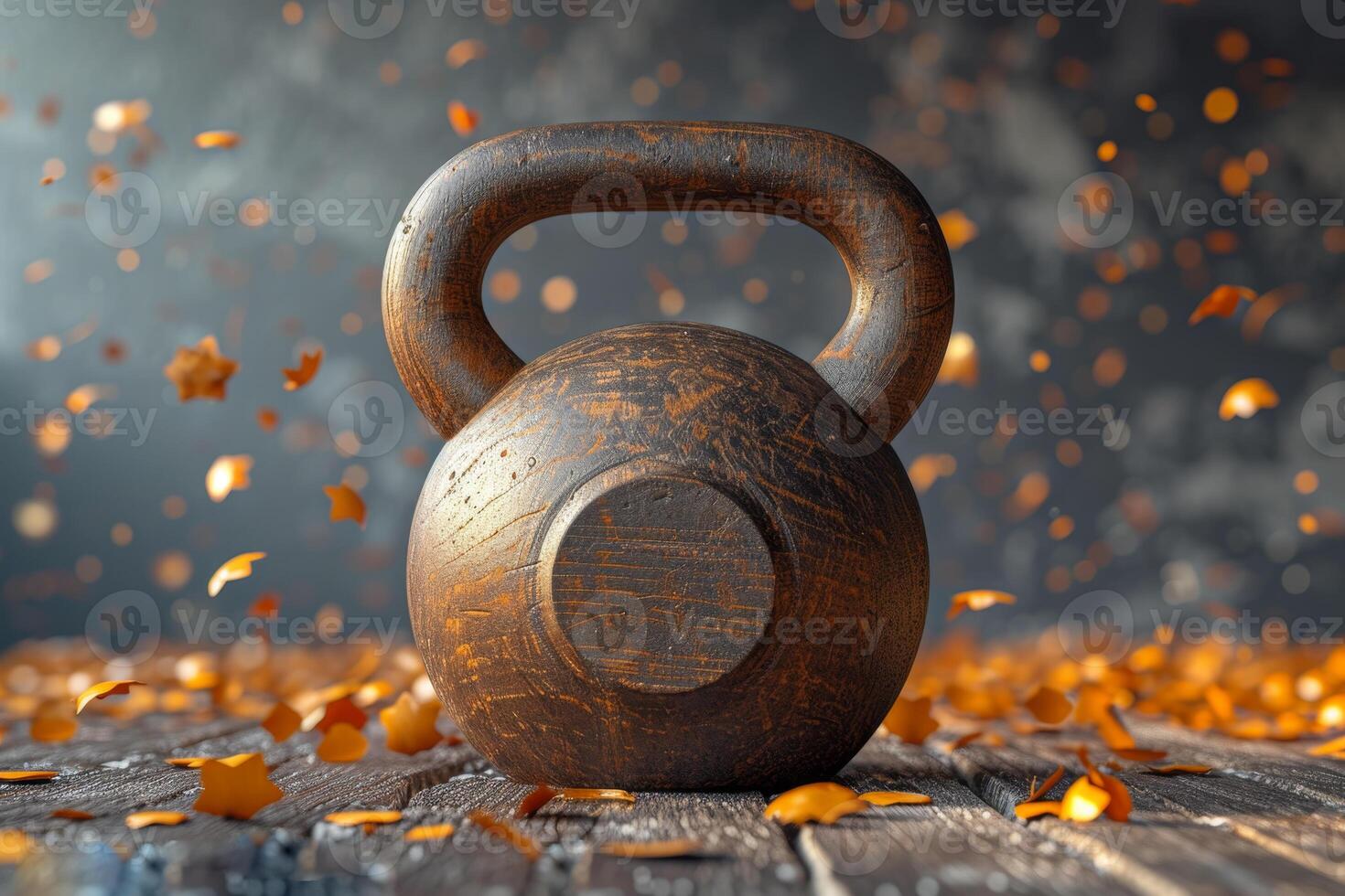 AI generated There is a heavy black sports kettlebell on the floor against the background of nature photo