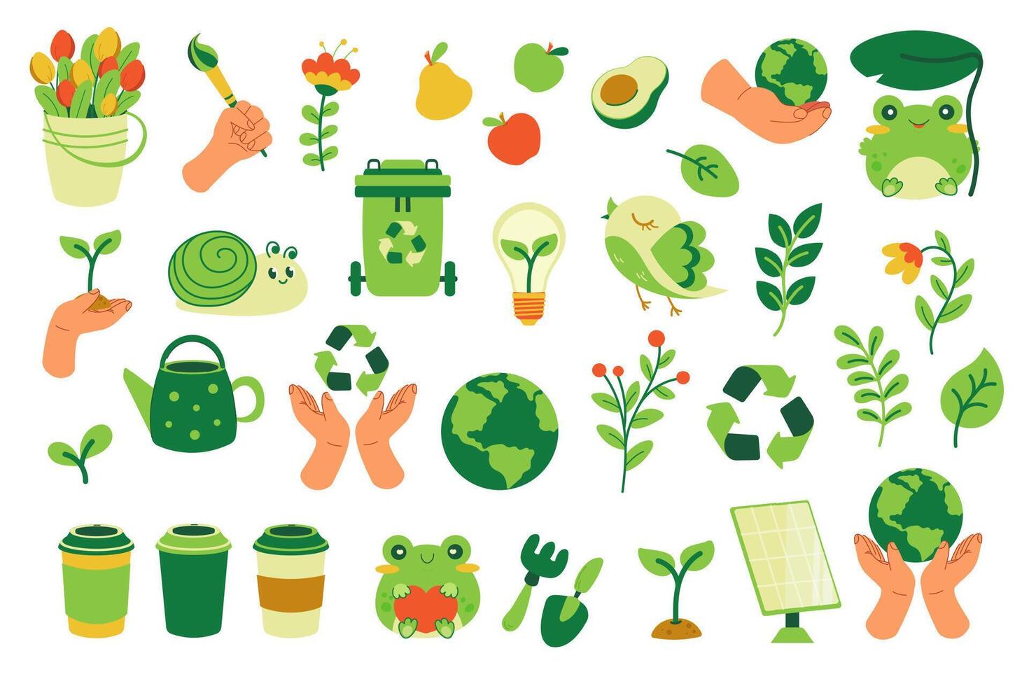 Set of green vector icons of ecology and green life. Recycling icon, energy, hands, planet, frogs, branches, flowers, plants