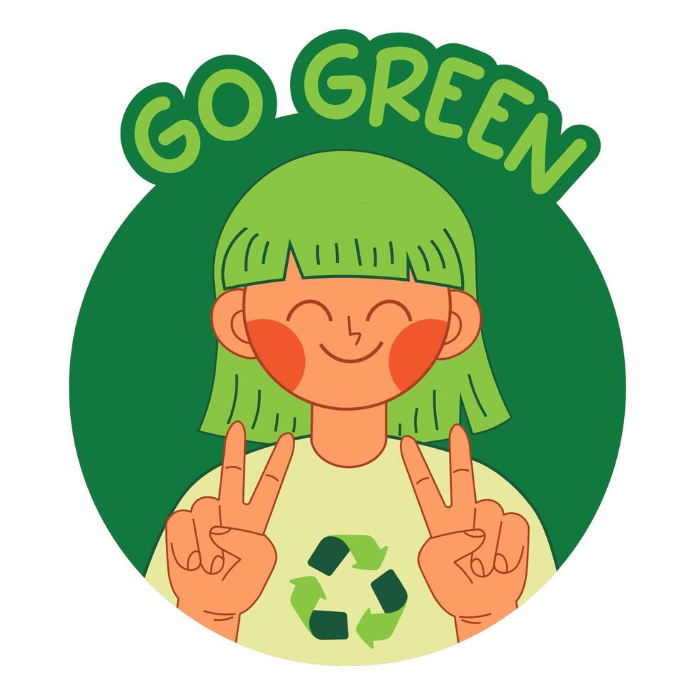 Icon, sticker, avatar with girl and text go green. Motivational, inviting vector illustration of ecology and green life