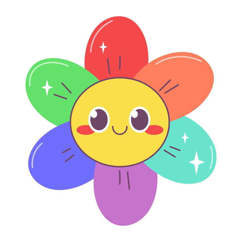 Cute rainbow flower with seven petals and big eyes. Vector illustration of isolated object