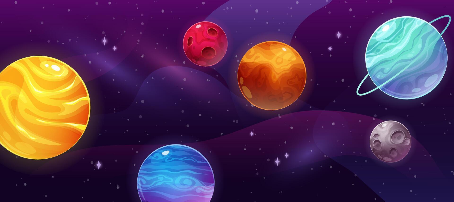 Colorful space background with planets, stars and nebulae. Cartoon vector illustration in gradient for games, children, for Cosmonautics Day