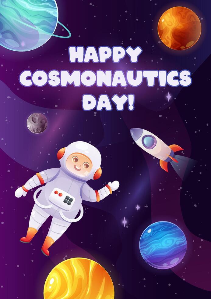 saludo tarjeta para cosas de cosmonautas día en abril 12 dibujos animados vector ilustración de espacio antecedentes con planetas, estrellas, astronauta, cohete y inscripción