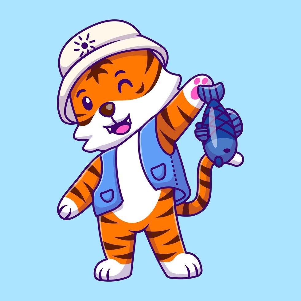 Cute Fishing Tiger Holding a Fish Cartoon Vector Icons Illustration. Flat Cartoon Concept. Suitable for any creative project.