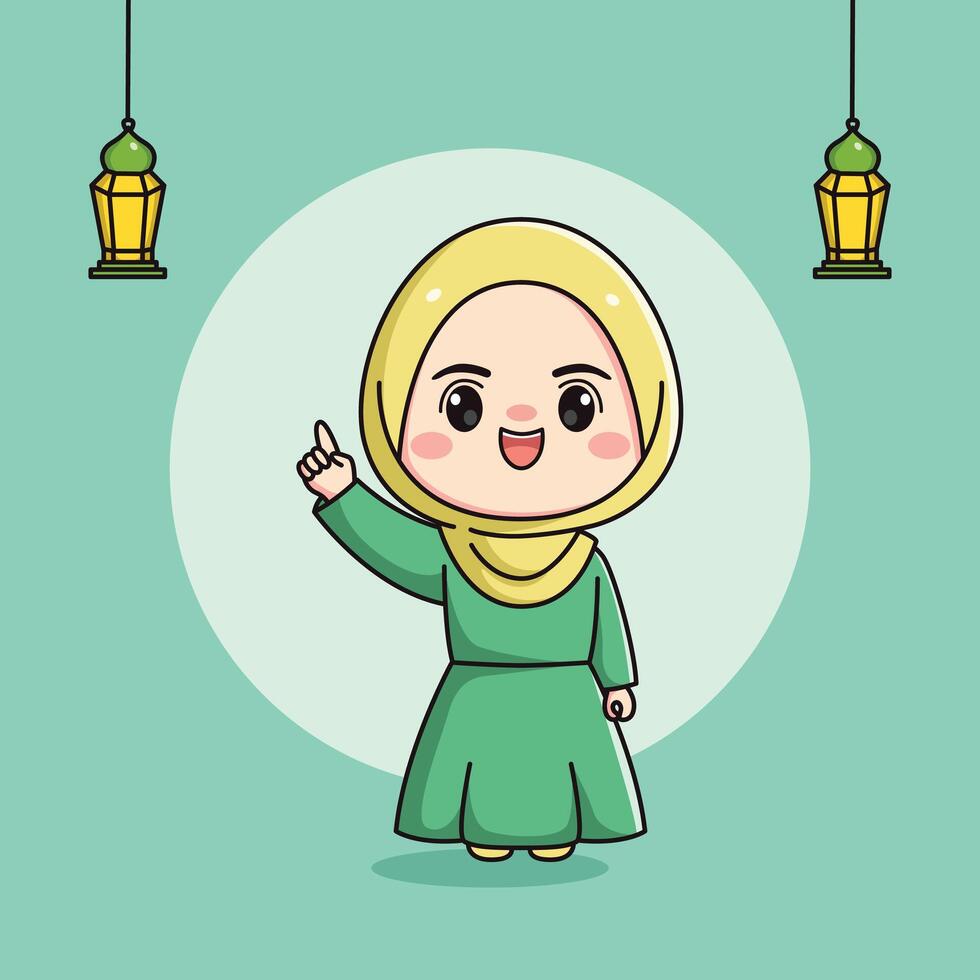 linda musulmán niña personaje con índice dedo arriba vector