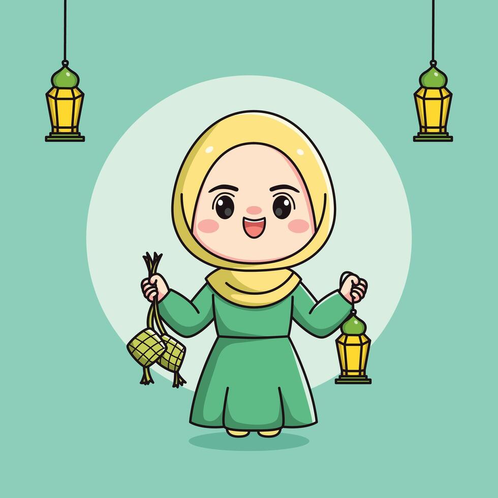 Cute muslim girl character holding lantern and ketupat vector