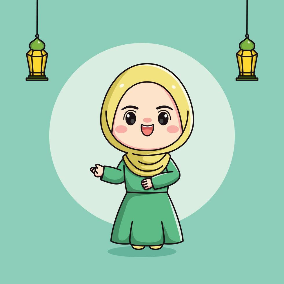 Cute Muslim girl character with welcoming hand vector