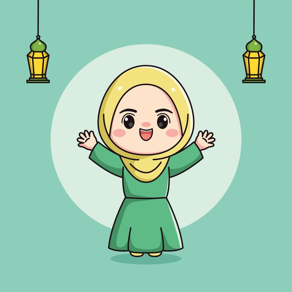 cute muslim girl character with raised hands vector