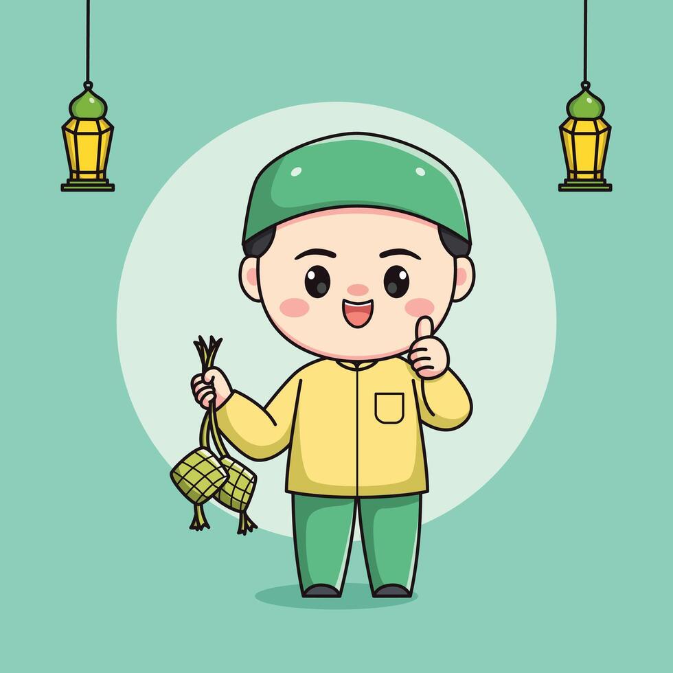 Cute muslim boy character holding ketupat vector