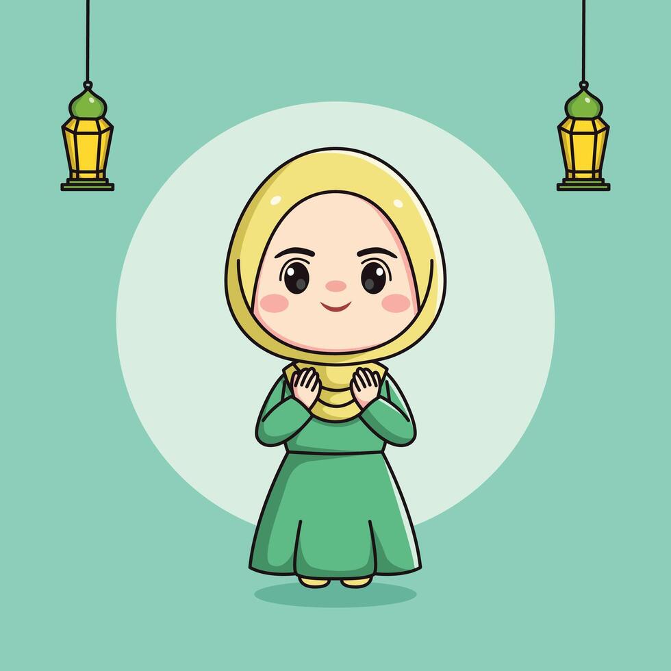 cute muslim girl character with both hands praying vector