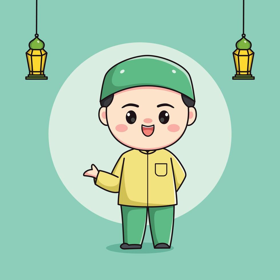 Cute Muslim child character with welcoming hand vector