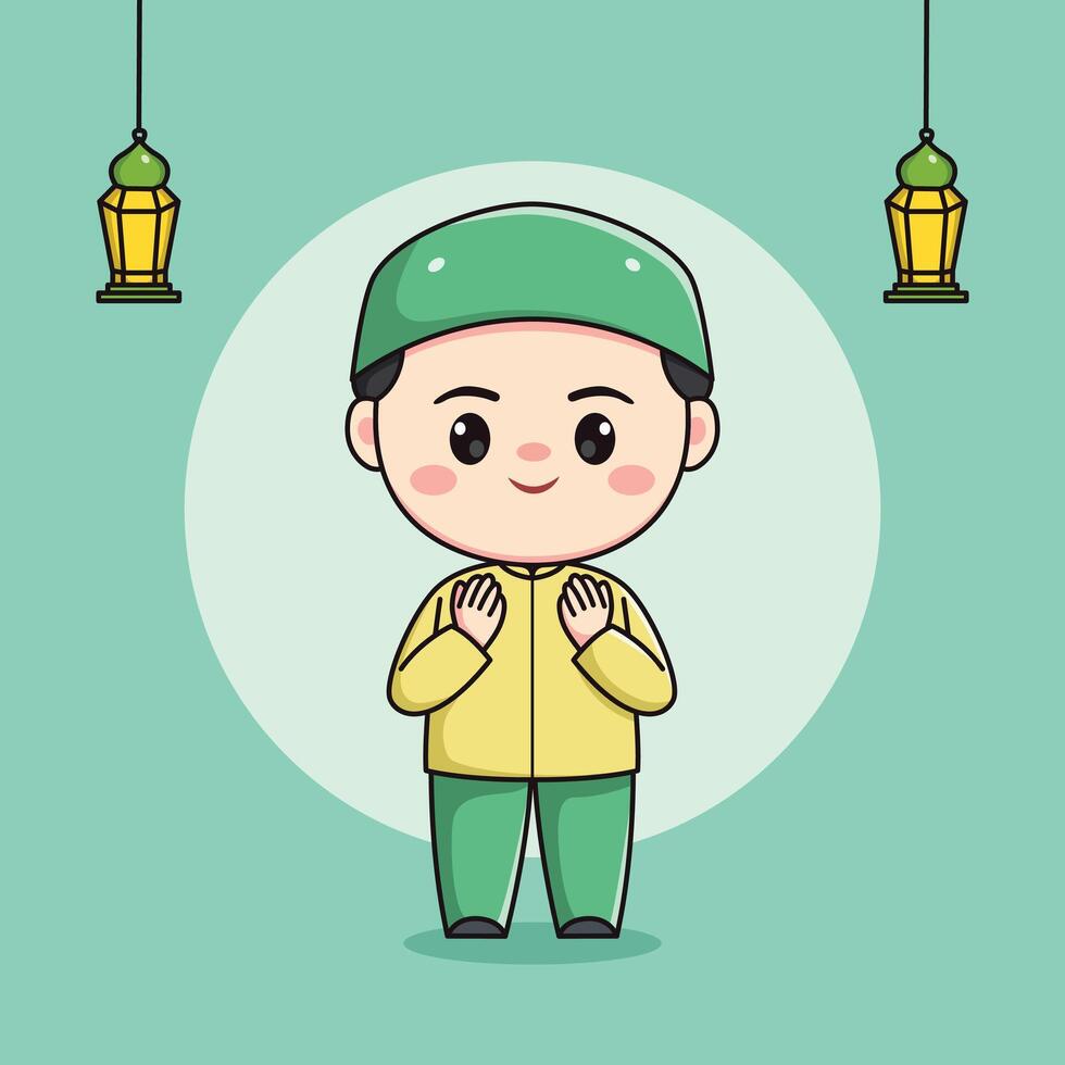 cute muslim boy character with both hands praying vector