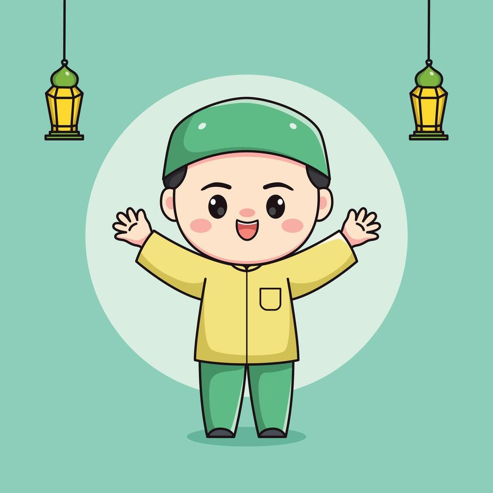 cute muslim child character with raised hands vector